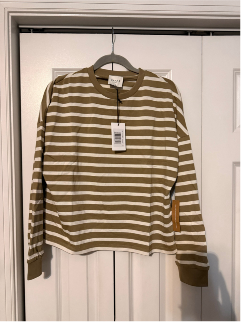Women's CAARA Long Sleeve Striped Tee Olive and White Size S - Picture 5 of 7